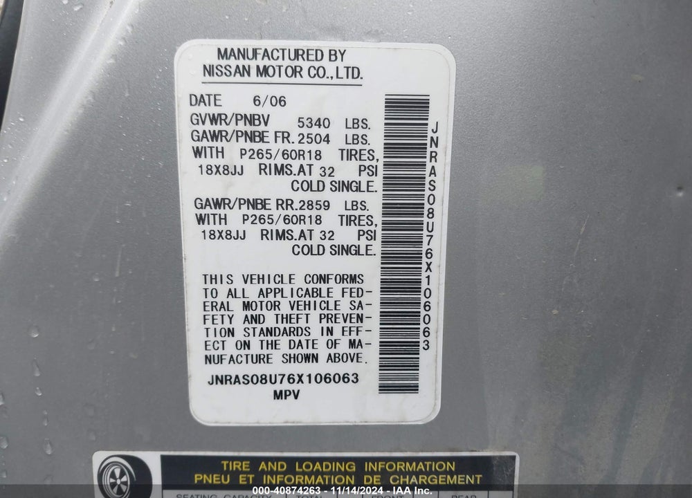 2006 INFINITI FX35 VIN: JNRAS08U76X106063