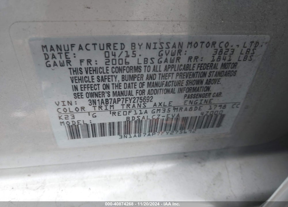 2015 NISSAN SENTRA S VIN: 3N1AB7AP7FY275692