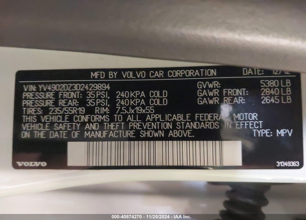 2013 VOLVO XC60 T6 VIN: YV4902DZ3D2429894
