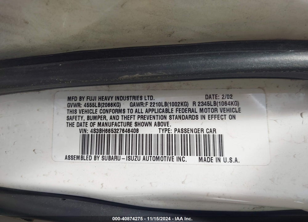 2002 SUBARU OUTBACK VIN: 4S3BH665327646408