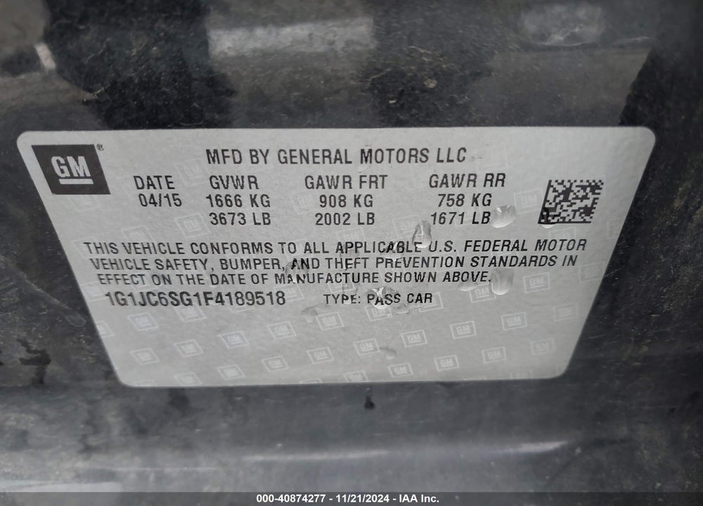2015 CHEVROLET SONIC VIN: 1G1JC6SG1F4189518