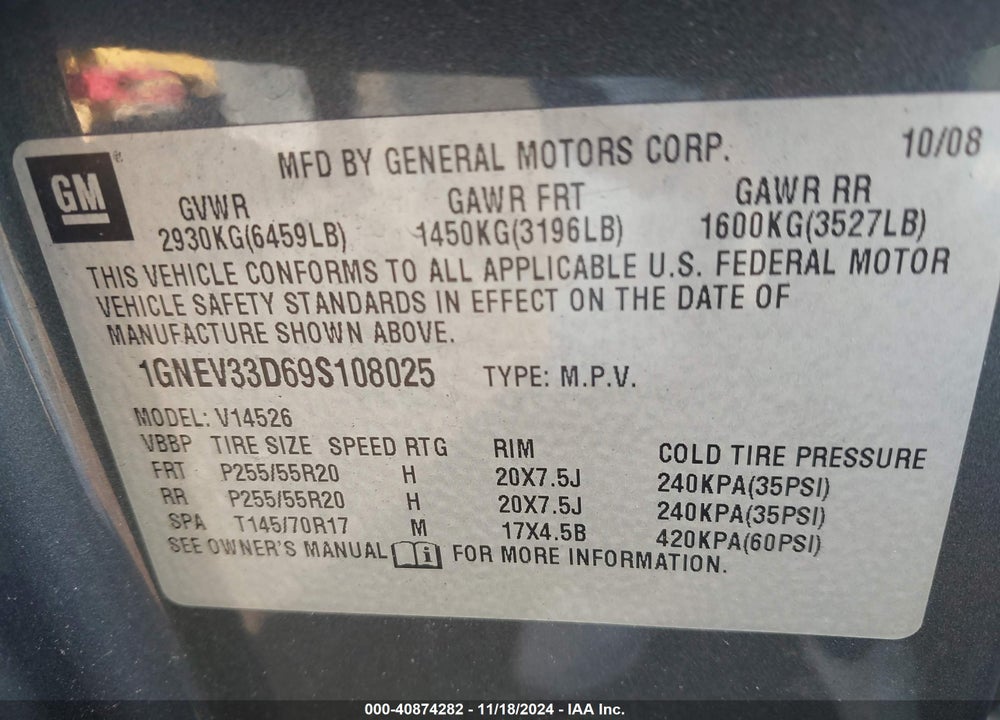 2009 CHEVROLET TRAVERSE LTZ VIN: 1GNEV33D69S108025