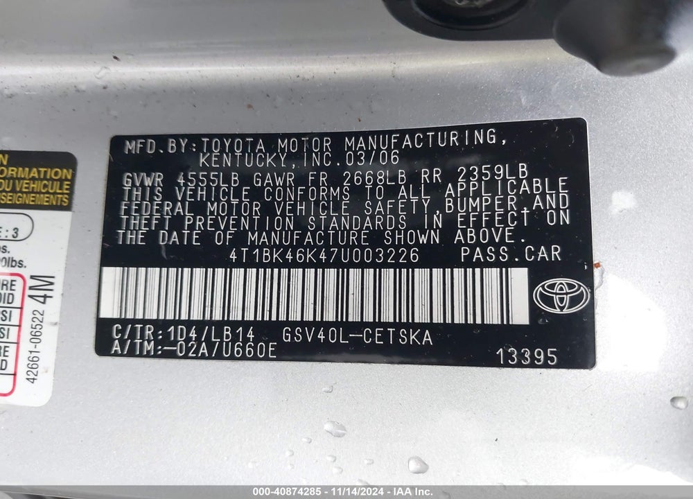 2007 TOYOTA CAMRY SE V6 VIN: 4T1BK46K47U003226