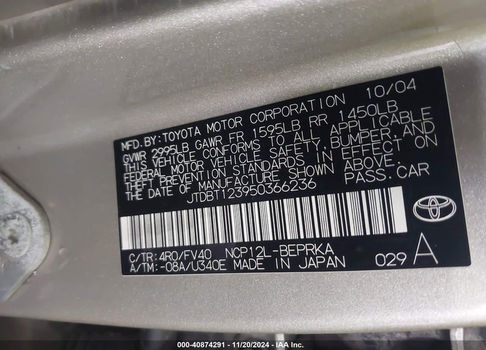 2005 TOYOTA ECHO VIN: JTDBT123950366236