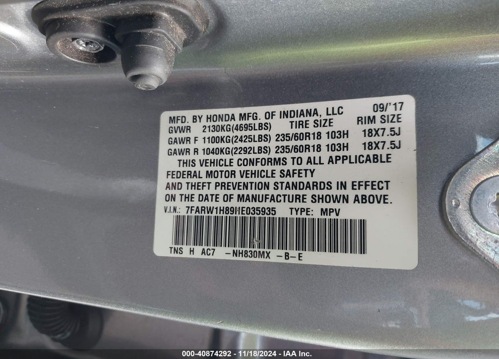2017 HONDA CR-V VIN: 7FARW1H89HE035935