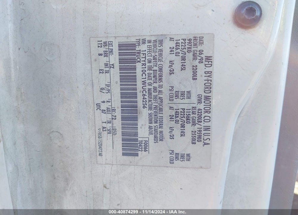 1998 FORD RANGER SPLASH/XL/XLT VIN: 1FTYR10C1WUC64256