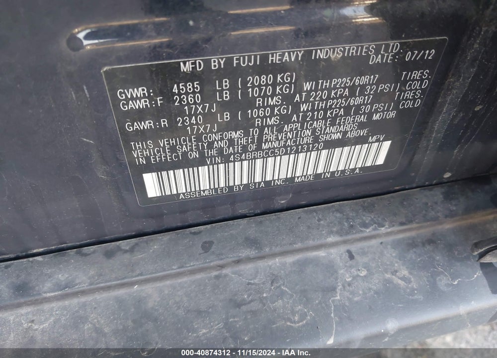 2013 SUBARU OUTBACK VIN: 4S4BRBCC5D1213120
