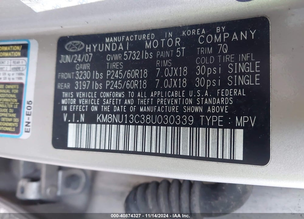 2008 HYUNDAI VERACRUZ VIN: KM8NU13C38U030339