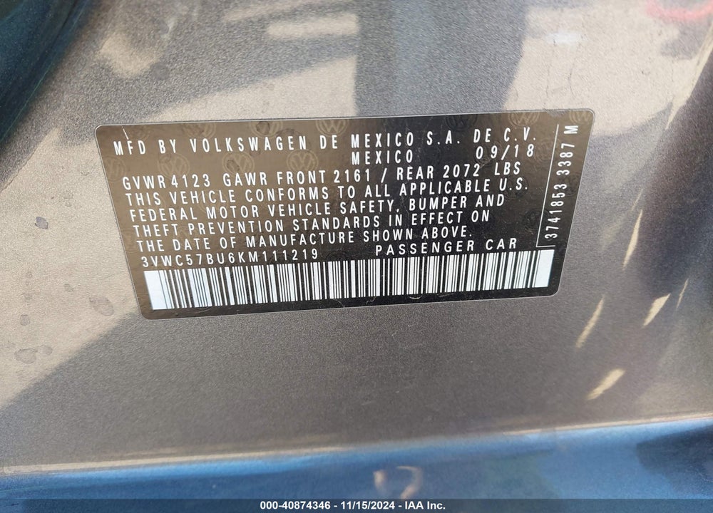2019 VOLKSWAGEN JETTA 1.4T R-LINE/1.4T S/1.4T SE VIN: 3VWC57BU6KM111219