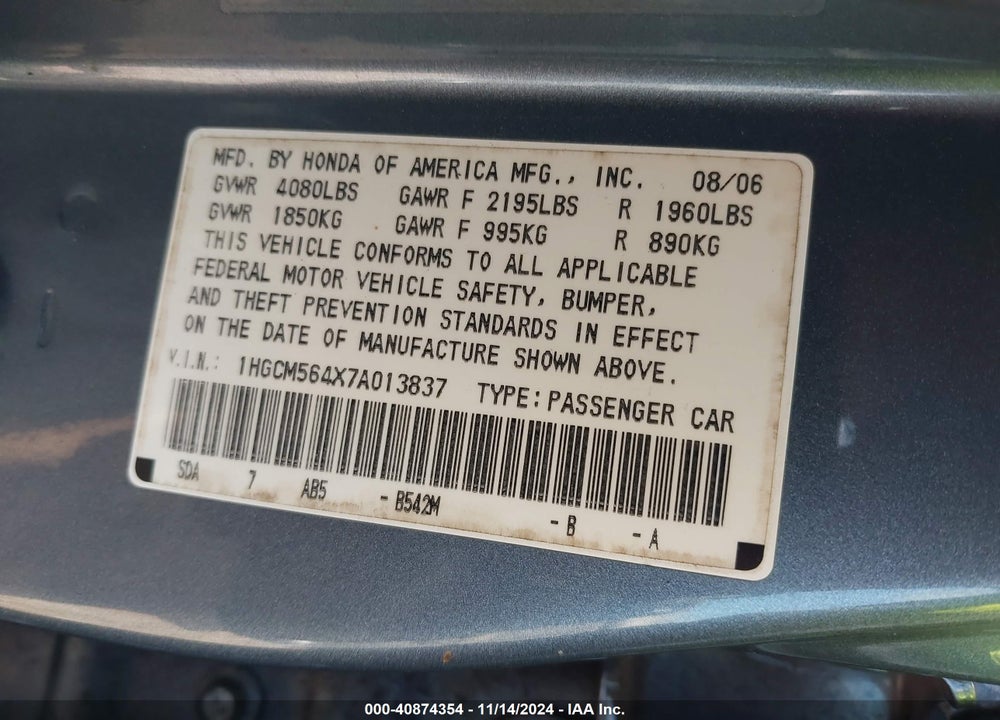 2007 HONDA ACCORD 2.4 LX VIN: 1HGCM564X7A013837