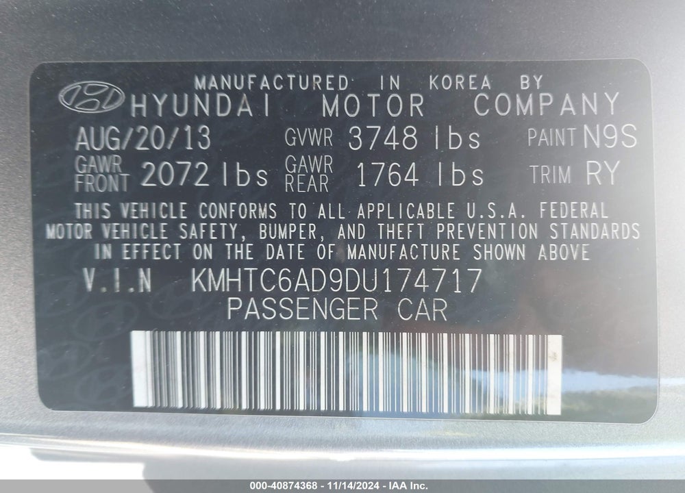 2013 HYUNDAI VELOSTER BASE W/BLACK VIN: KMHTC6AD9DU174717