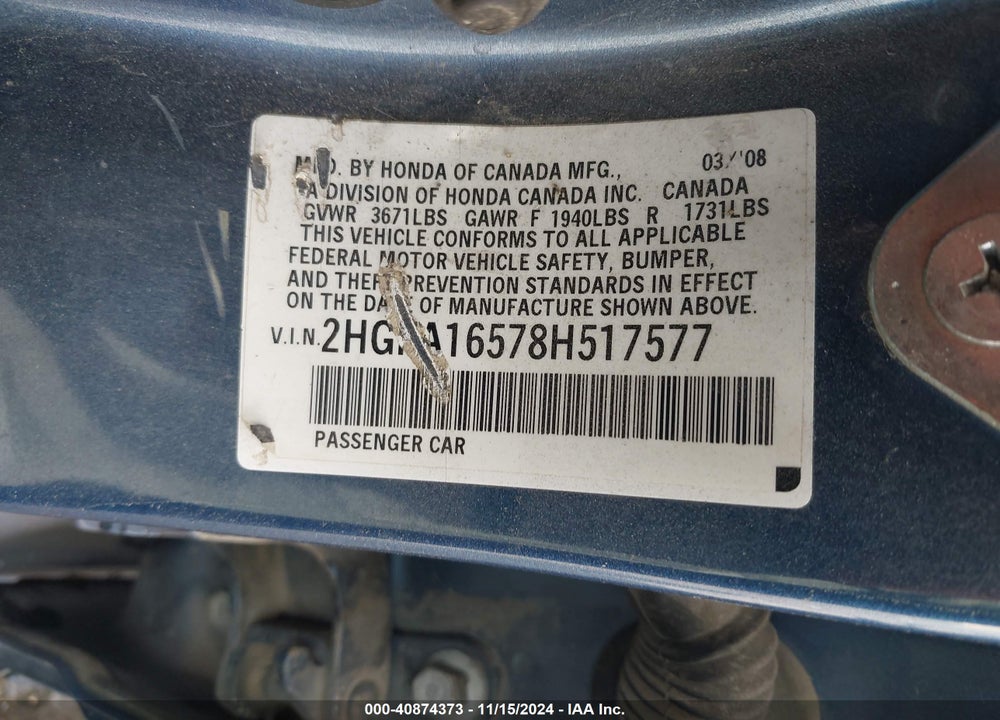 2008 HONDA CIVIC LX VIN: 2HGFA16578H517577