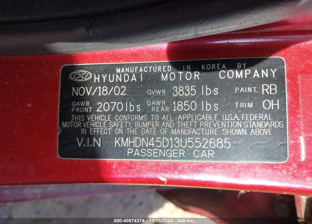 2003 HYUNDAI ELANTRA GLS/GT VIN: KMHDN45D13U552685