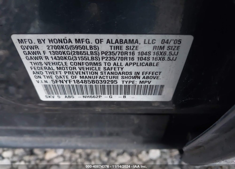 2005 HONDA PILOT EX VIN: 5FNYF18485B039295