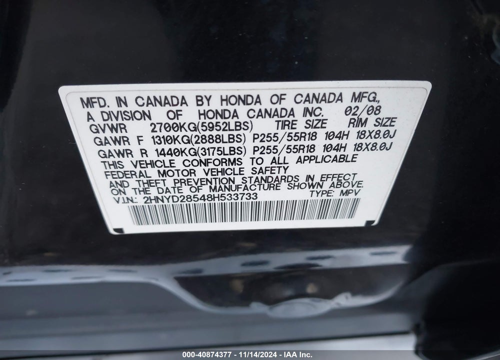 2008 ACURA MDX SPORT PACKAGE VIN: 2HNYD28548H533733
