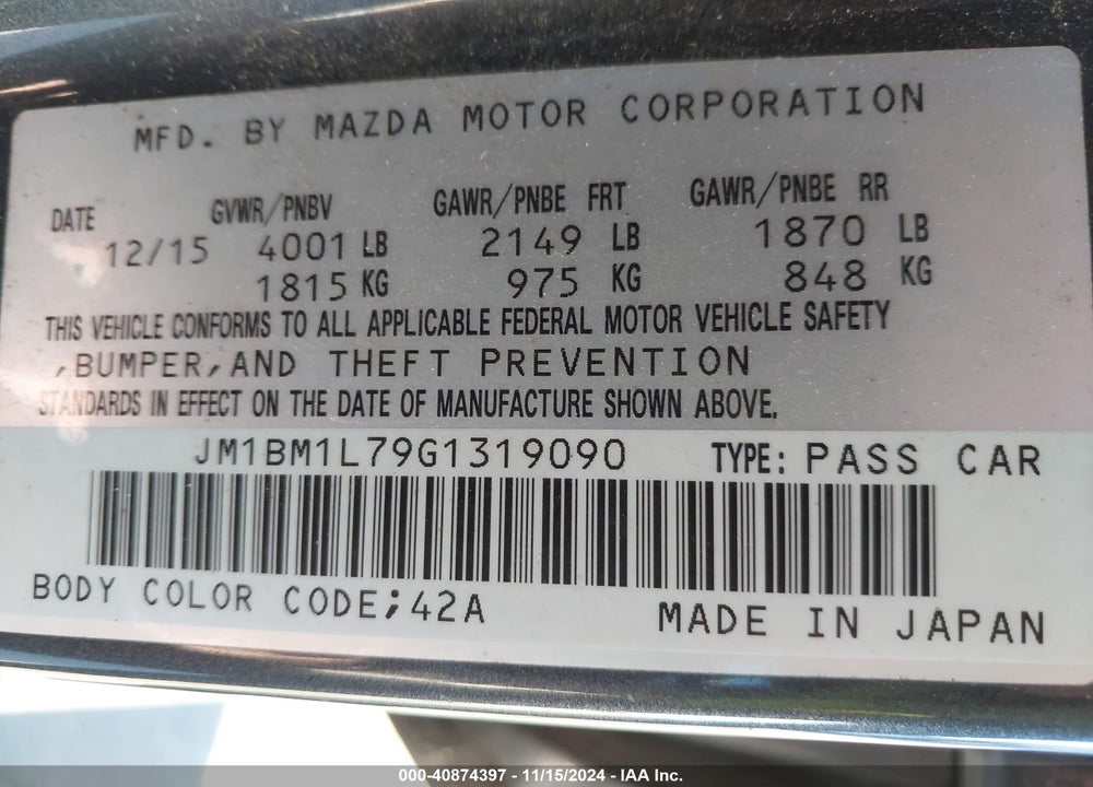 2016 MAZDA 3 I TOURING VIN: JM1BM1L79G1319090