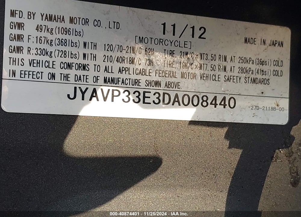 2013 YAMAHA XVS1300 CU VIN: JYAVP33E3DA008440