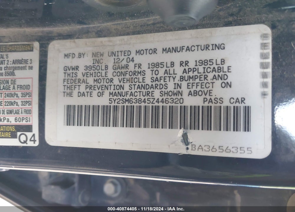 2005 PONTIAC VIBE VIN: 5Y2SM63845Z446320