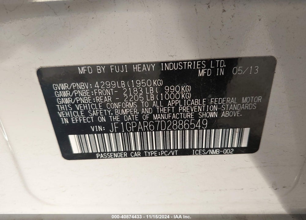 2013 SUBARU IMPREZA 2.0I SPORT LIMITED VIN: JF1GPAR67D2886549