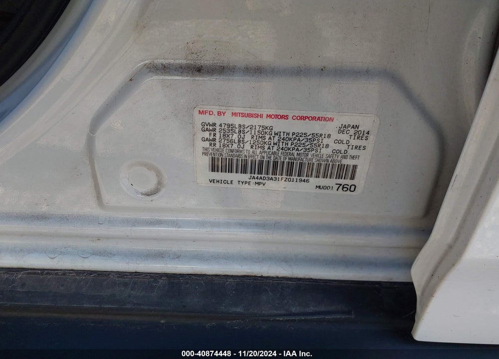 2015 MITSUBISHI OUTLANDER SE VIN: JA4AD3A31FZ011946