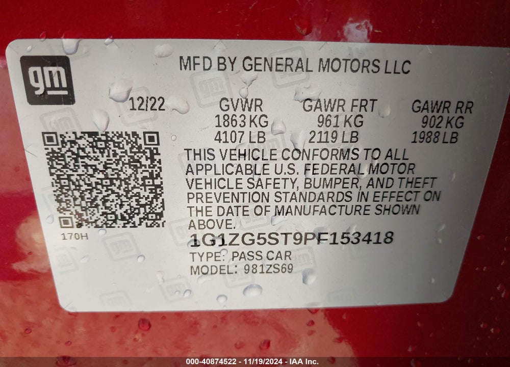 2023 CHEVROLET MALIBU FWD RS VIN: 1G1ZG5ST9PF153418