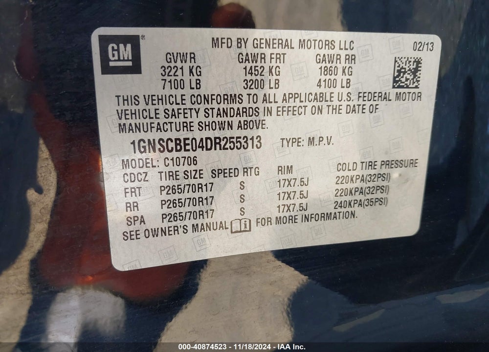 2013 CHEVROLET TAHOE LT VIN: 1GNSCBE04DR255313