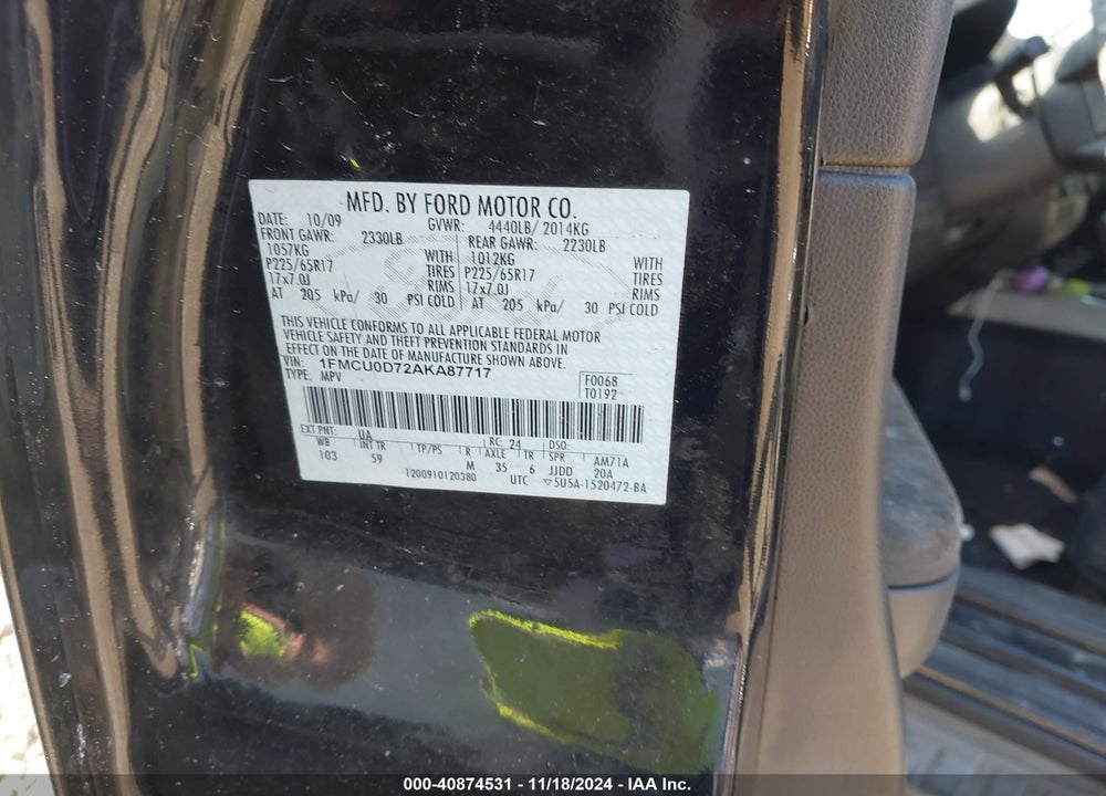 2010 FORD ESCAPE XLT VIN: 1FMCU0D72AKA87717