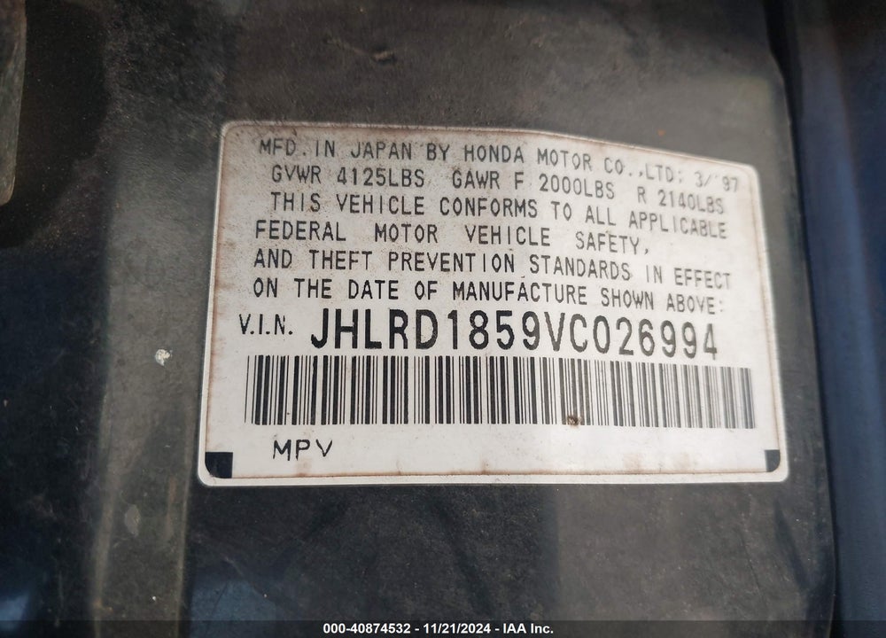 1997 HONDA CR-V VIN: JHLRD1859VC026994