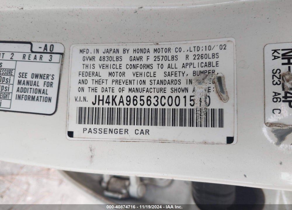 2003 ACURA RL 3.5 VIN: JH4KA96563C001510