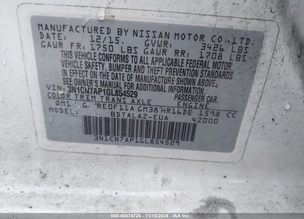 2016 NISSAN VERSA 1.6 S+ VIN: 3N1CN7AP1GL854529