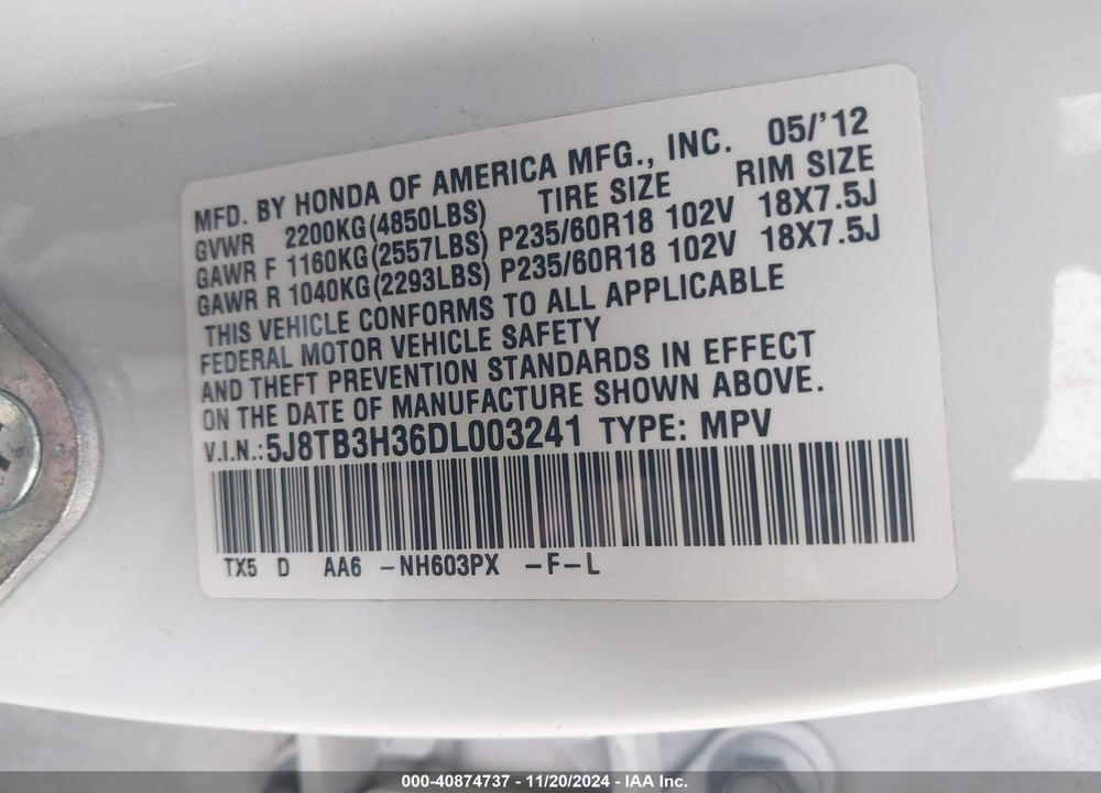 2013 ACURA RDX VIN: 5J8TB3H36DL003241