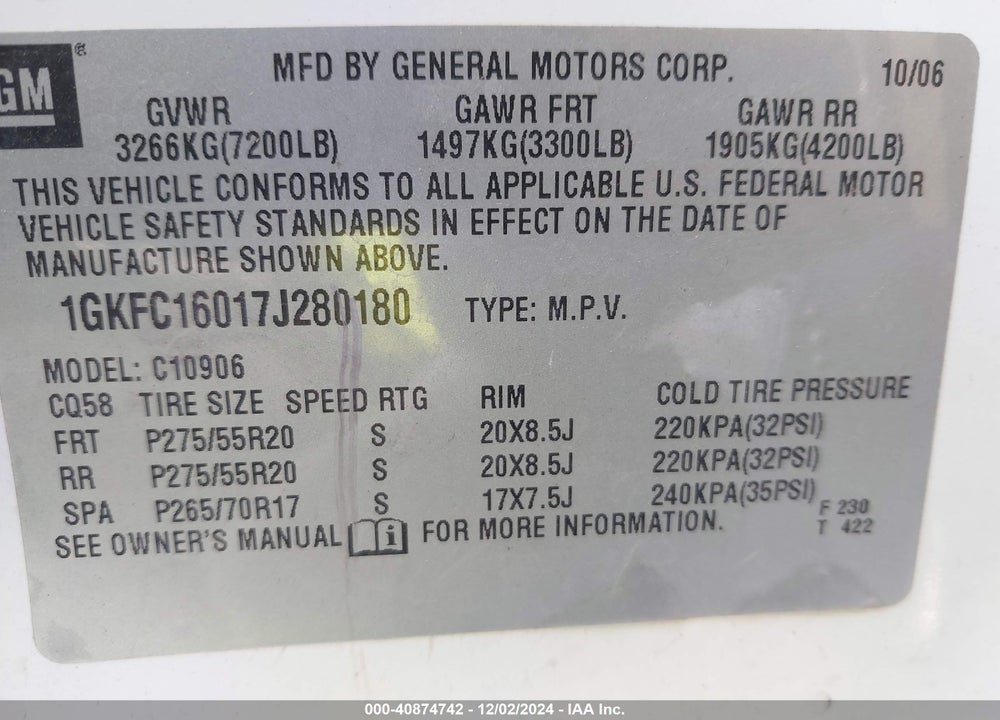 2007 GMC YUKON XL 1500 SLT VIN: 1GKFC16017J280180