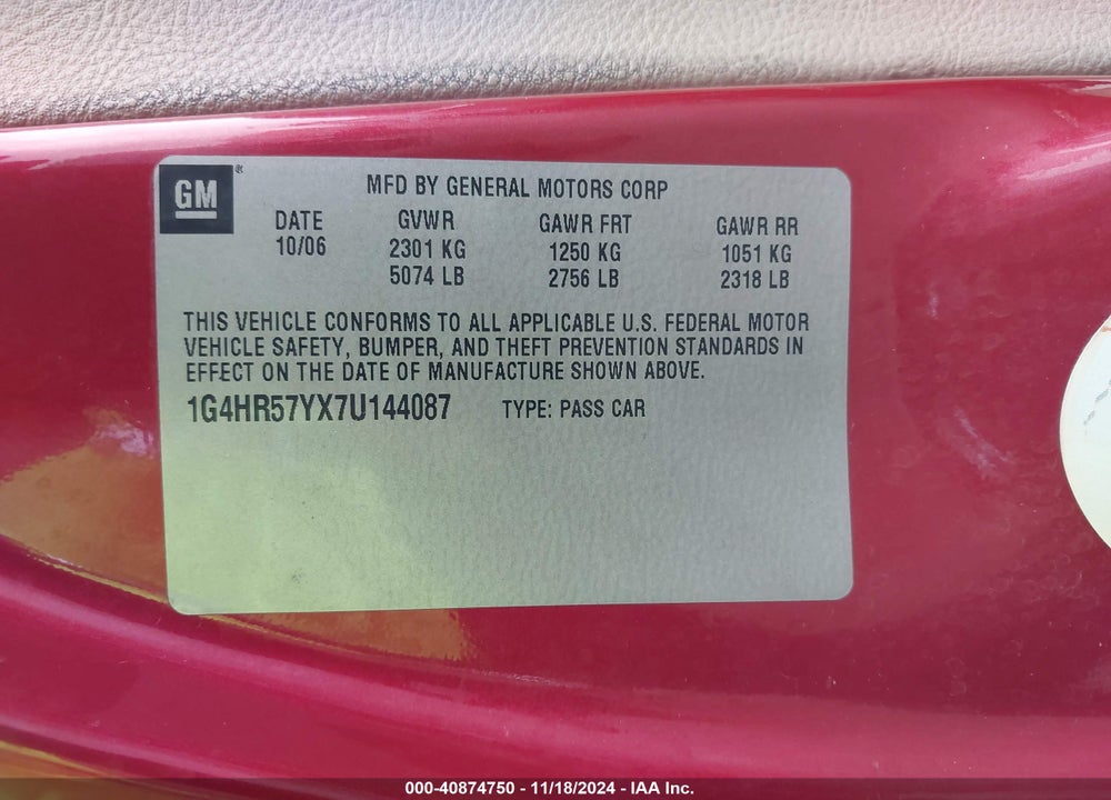 2007 BUICK LUCERNE CXL VIN: 1G4HR57YX7U144087
