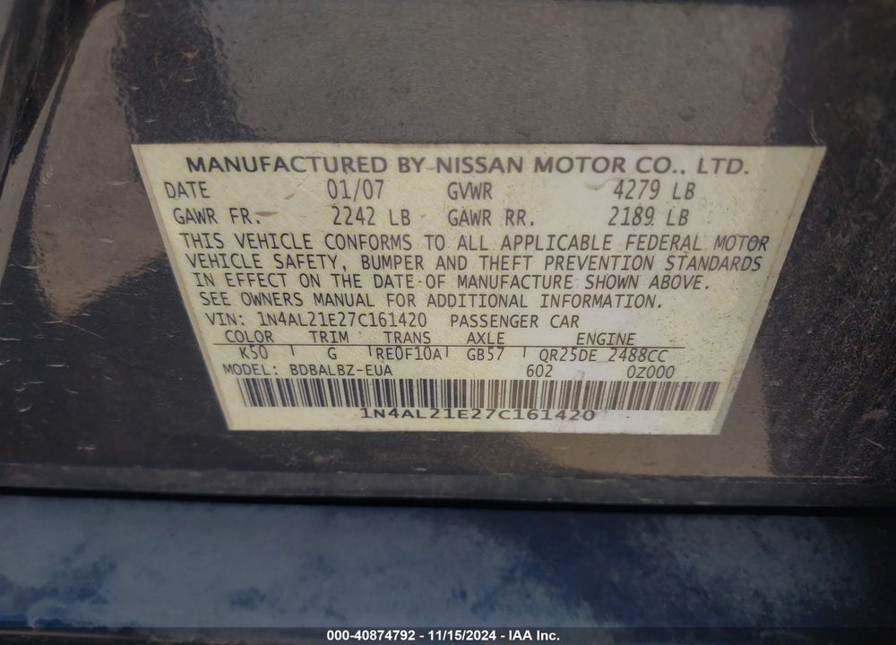 2007 NISSAN ALTIMA 2.5 S VIN: 1N4AL21E27C161420