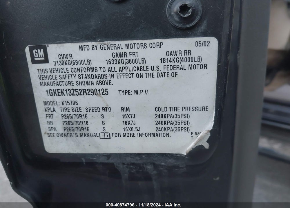 2002 GMC YUKON SLT VIN: 1GKEK13Z52R290125