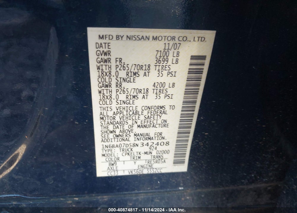 2008 NISSAN TITAN LE/SE/XE VIN: 1N6BA07D58N342408