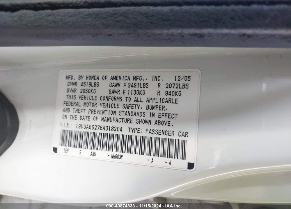 2006 ACURA TL VIN: 19UUA66276A018204