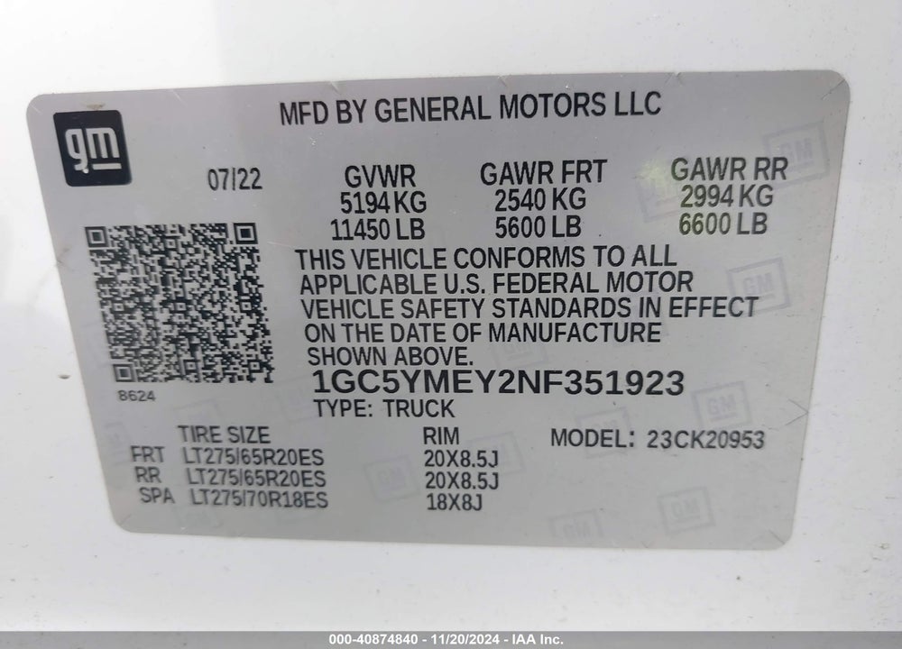 2022 CHEVROLET SILVERADO 2500HD 4WD  LONG BED CUSTOM VIN: 1GC5YMEY2NF351923