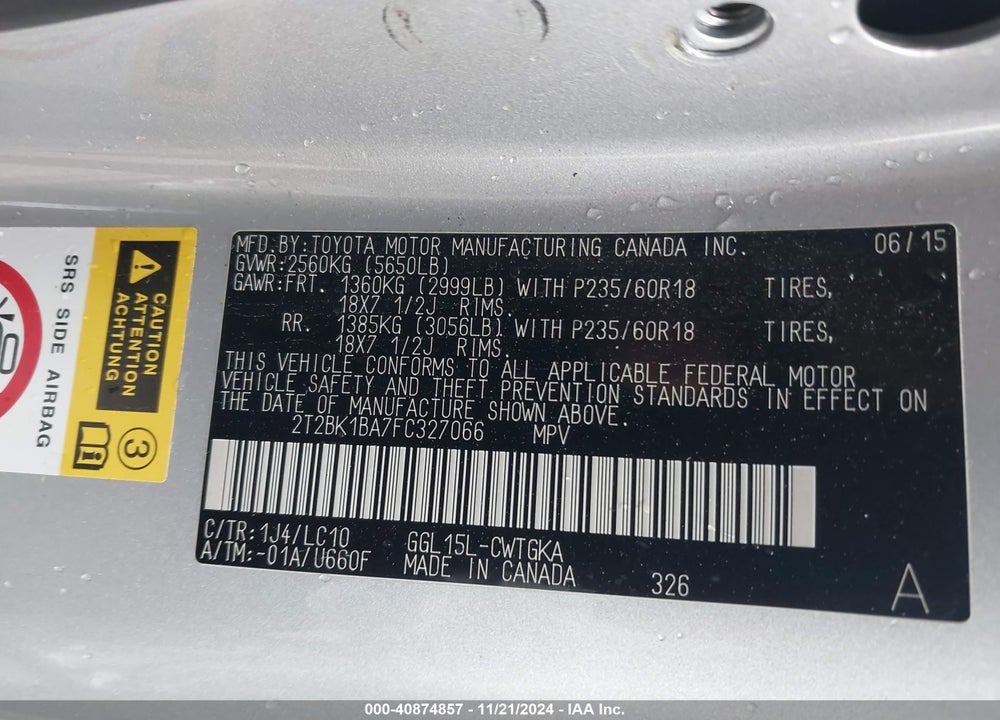2015 LEXUS RX 350 VIN: 2T2BK1BA7FC327066