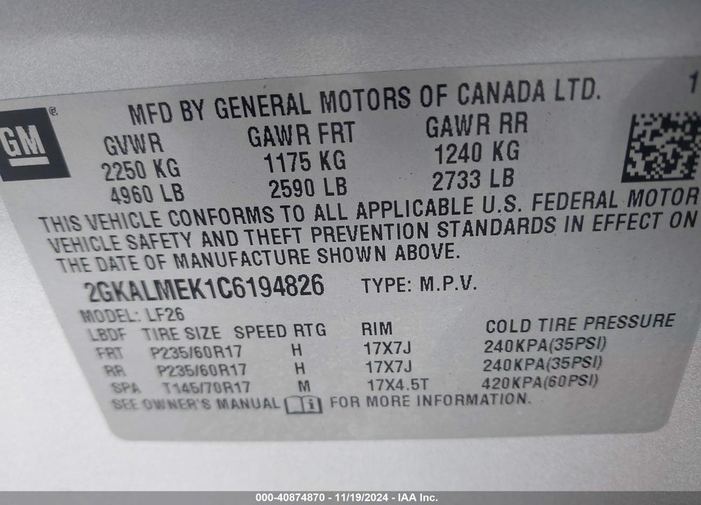 2012 GMC TERRAIN SLE-1 VIN: 2GKALMEK1C6194826