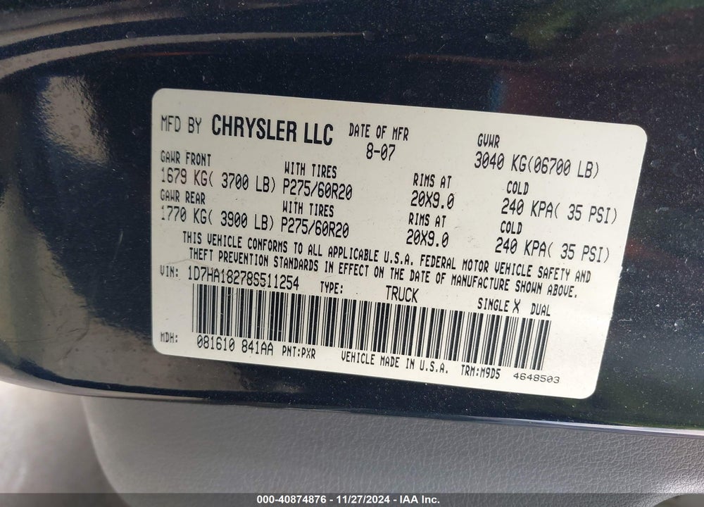 2008 DODGE RAM 1500 SLT VIN: 1D7HA18278S511254