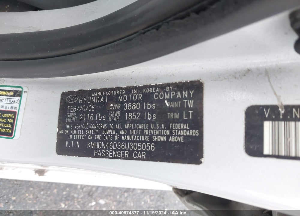 2006 HYUNDAI ELANTRA GLS/LIMITED VIN: KMHDN46D36U305056