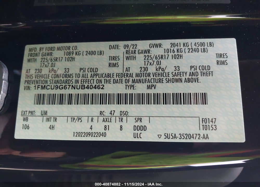 2022 FORD ESCAPE SE VIN: 1FMCU9G67NUB40462
