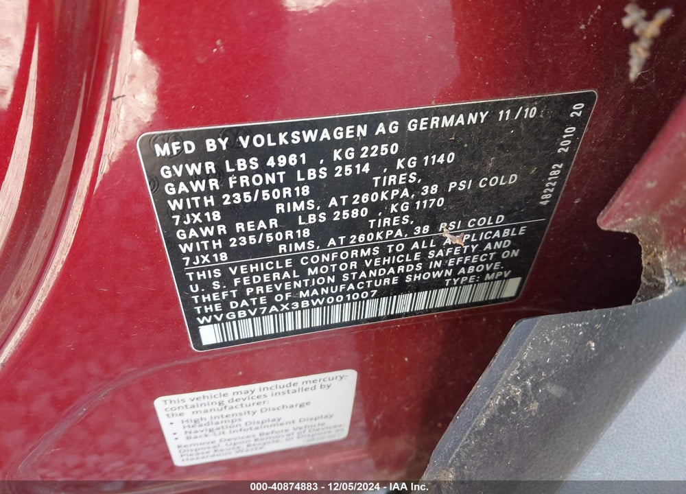 2011 VOLKSWAGEN TIGUAN SE VIN: WVGBV7AX3BW001007