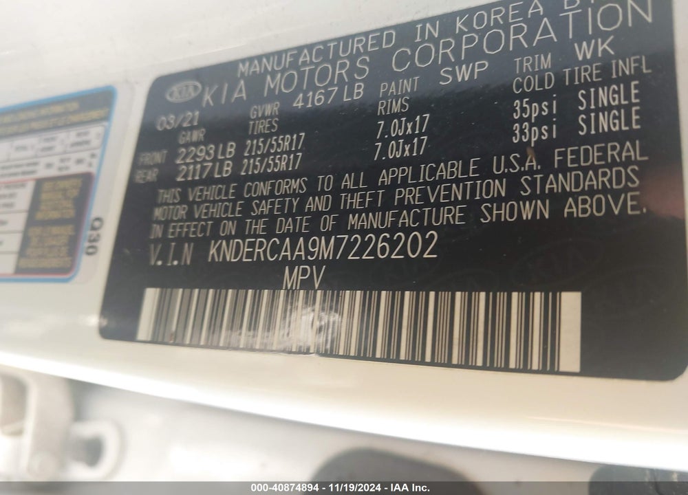 2021 KIA SELTOS EX VIN: KNDERCAA9M7226202