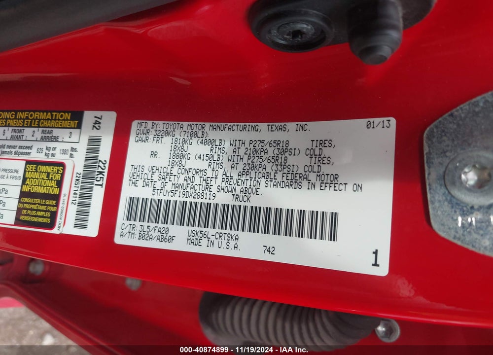 2013 TOYOTA TUNDRA DOUBLE CAB SR5 VIN: 5TFUY5F19DX288119