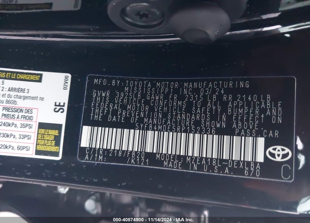2024 TOYOTA COROLLA VIN: 5YFB4MDE5RP152336