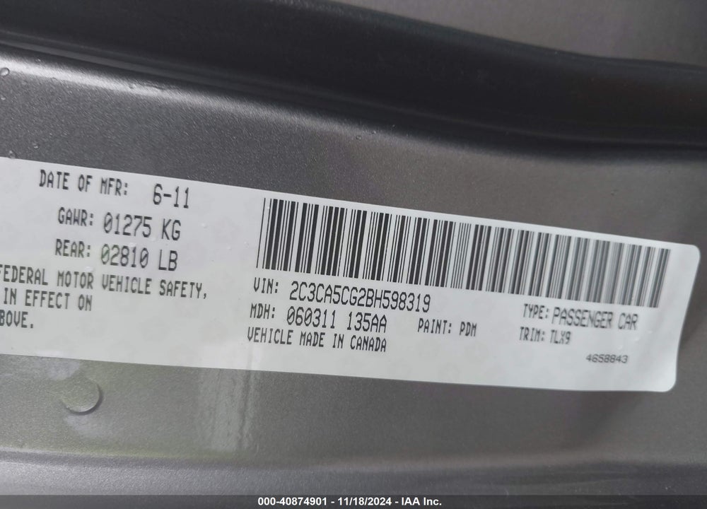 2011 CHRYSLER 300 LIMITED VIN: 2C3CA5CG2BH598319