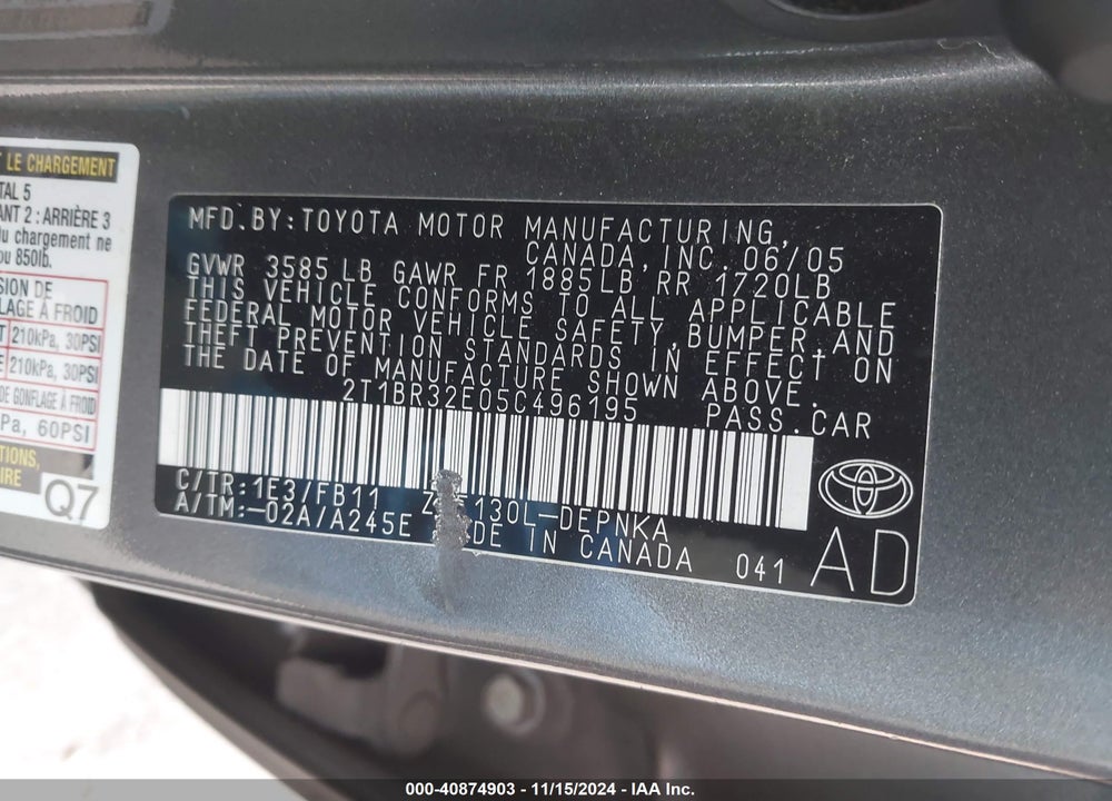 2005 TOYOTA COROLLA LE VIN: 2T1BR32E05C496195
