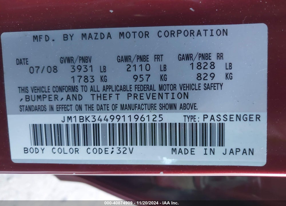 2009 MAZDA 3 S SPORT VIN: JM1BK344991196125